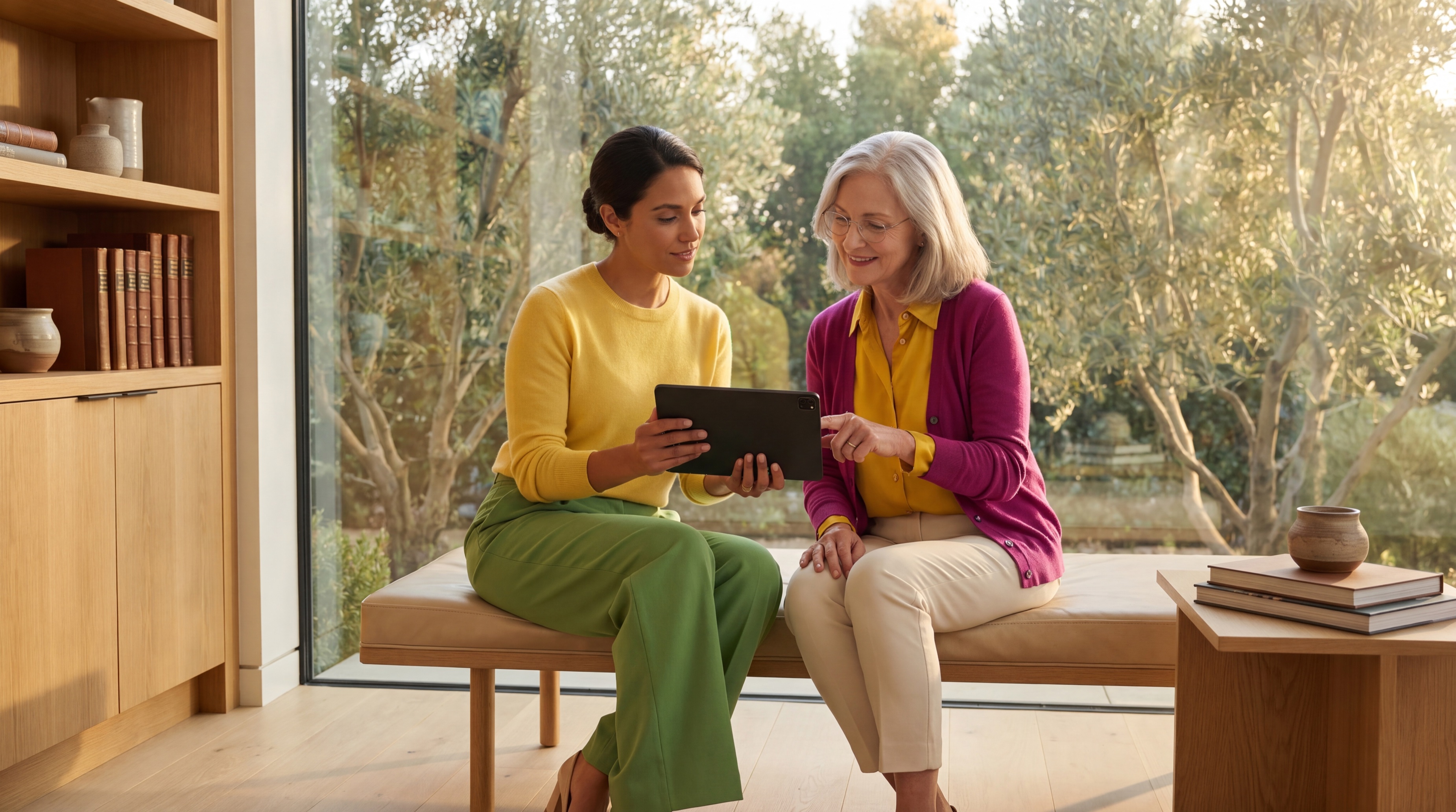 A Mindspan clinician reviewing assessment results on a tablet with a patient