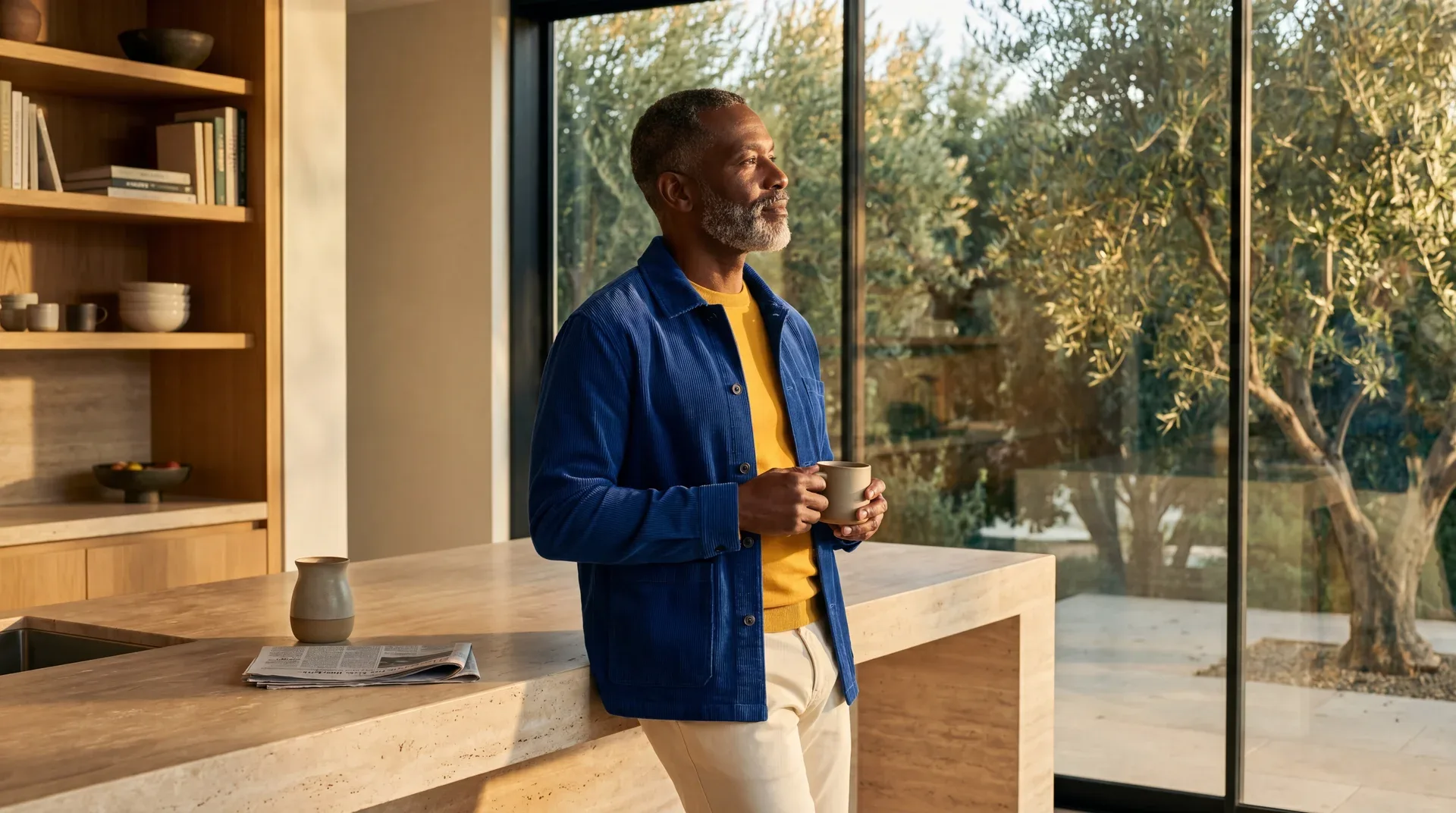 A patient at home with a cup of coffee, reflecting in a sunlit kitchen.