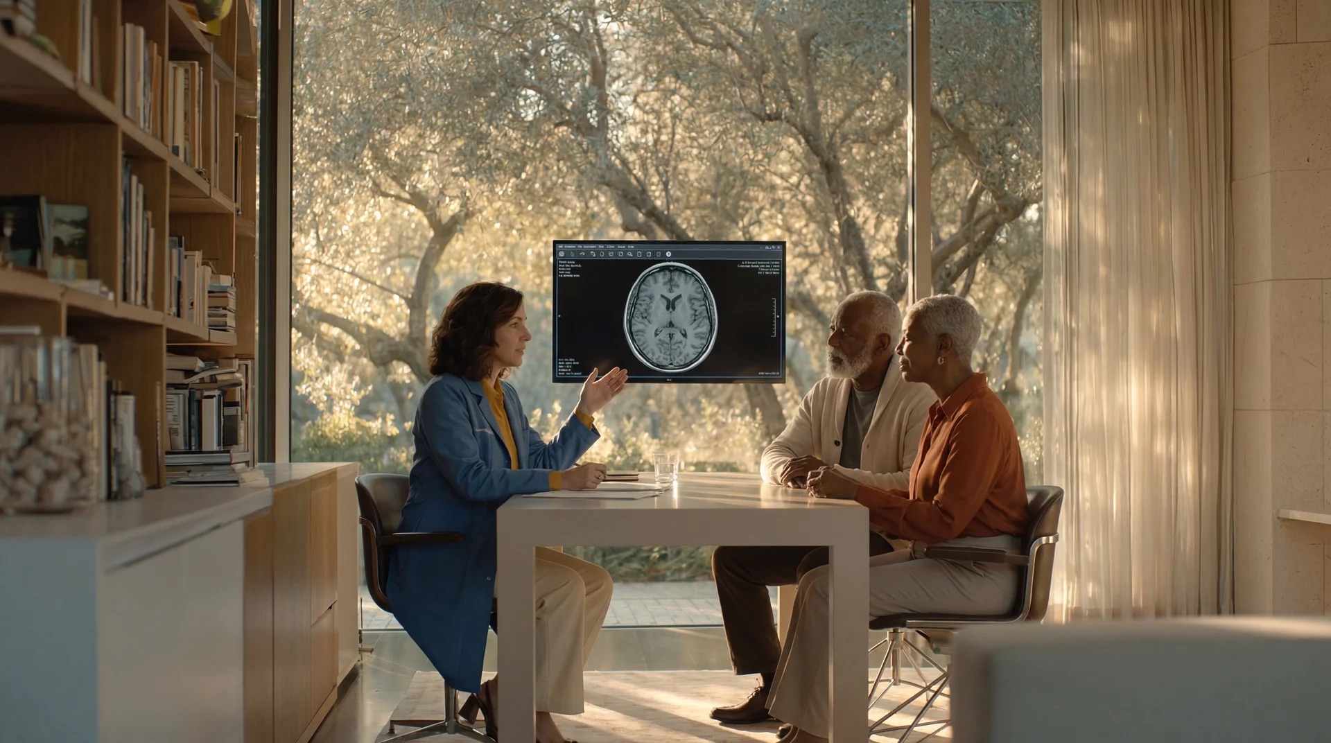 A Mindspan neurologist reviewing a brain scan on a monitor with two patients in a sunlit clinic room.
