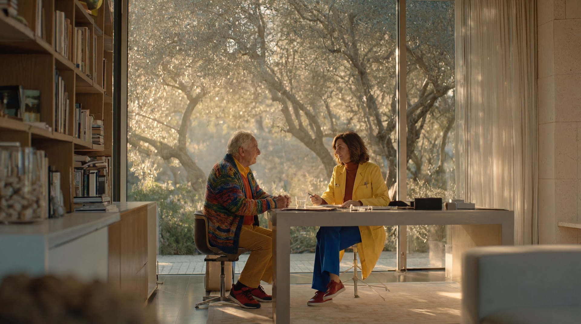 Two people sitting across a table in a sunlit Mindspan clinic, mid-conversation with olive trees outside.